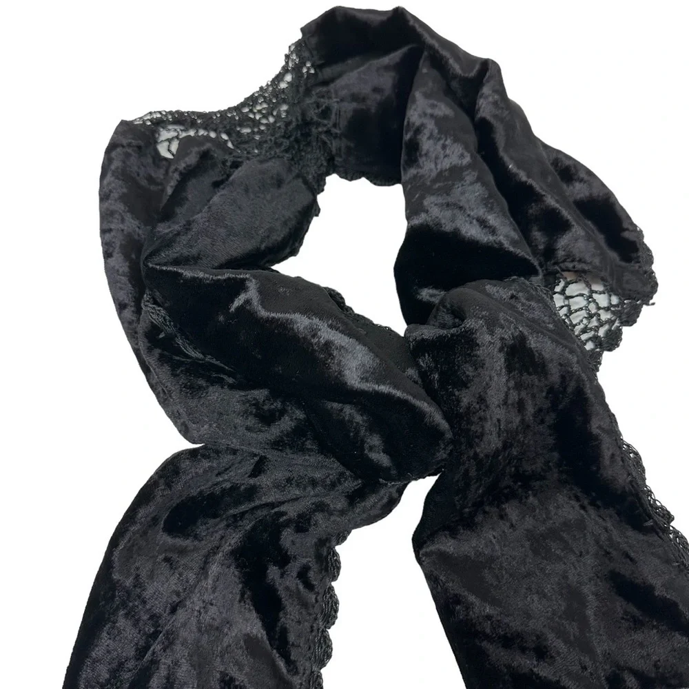 Whimsigoth Black Velvet Lace Fringe Scarf, Vintage Elegance